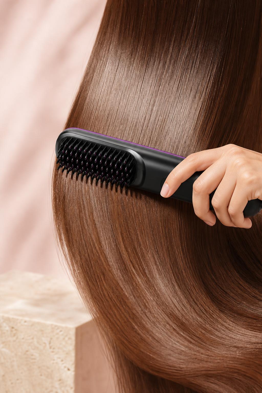 Brushing long glossy hair with the PureSheen straightener brush